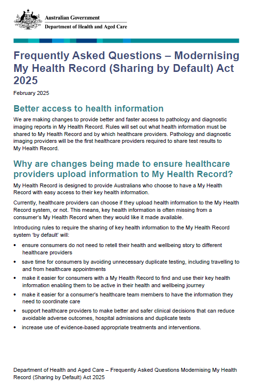Cover page_Frequently Asked Questions – Modernising My Health Record (Sharing by Default) Act 2025