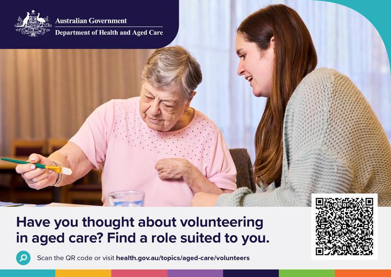 ‘Have you thought about volunteering in Aged Care’ or ‘Are you a Volunteer Manager or Provider?’ postcard