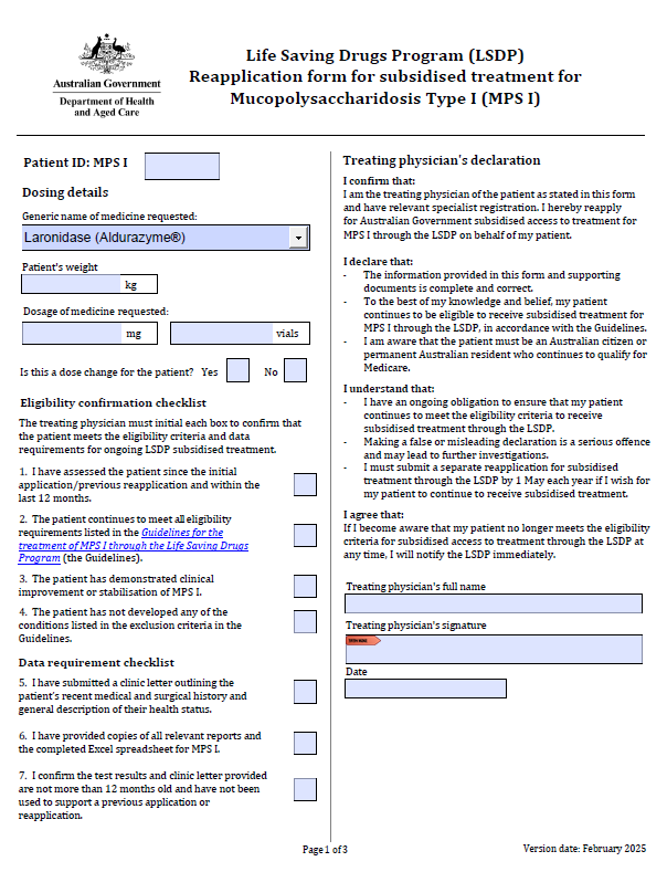 Life Saving Drugs Program – Mucopolysaccharidosis type I (MPS I) – Reapplication