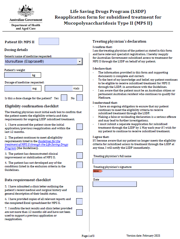 Life Saving Drugs Program – Mucopolysaccharidosis type II (MPS II) – Reapplication