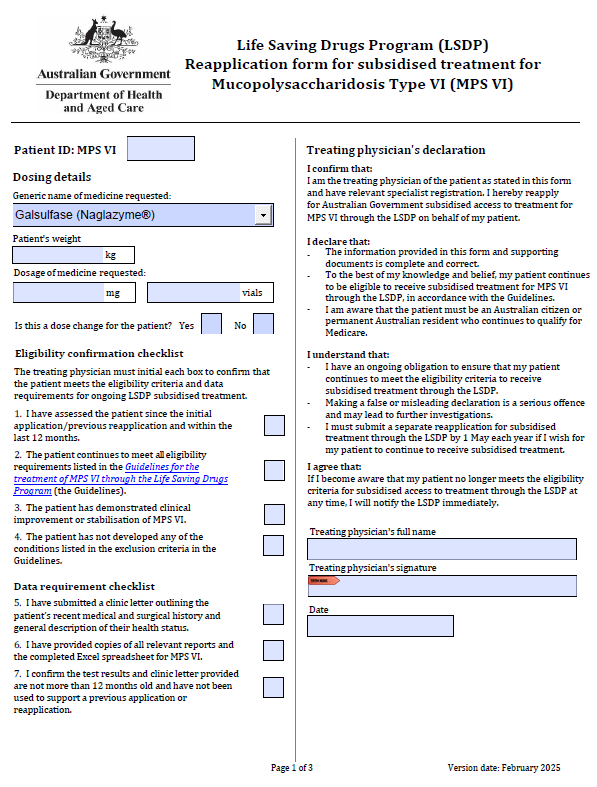 Life Saving Drugs Program – Mucopolysaccharidosis type VI (MPS VI) – Reapplication