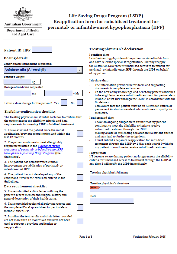Life Saving Drugs Program – Perinatal- or infantile-onset hypophosphatasia (HPP) – Reapplication