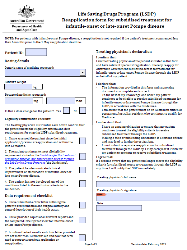 Life Saving Drugs Program – Pompe disease – Reapplication