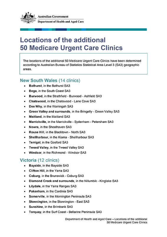 LOCATIONS OF THE ADDITIONAL 50 MEDICARE URGENT CARE CLINICS