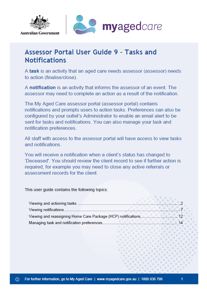 My Aged Care – Assessor Portal User Guide 9 – Tasks and notifications