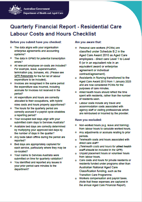 Quarterly Financial Report – Residential Care Labour Costs and Hours Checklist