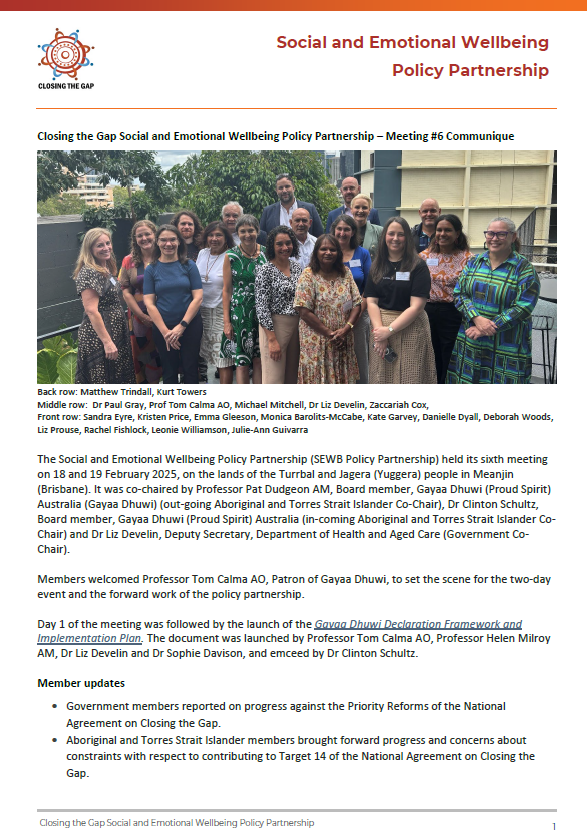 Social and Emotional Wellbeing Policy Partnership communique – Meeting 6