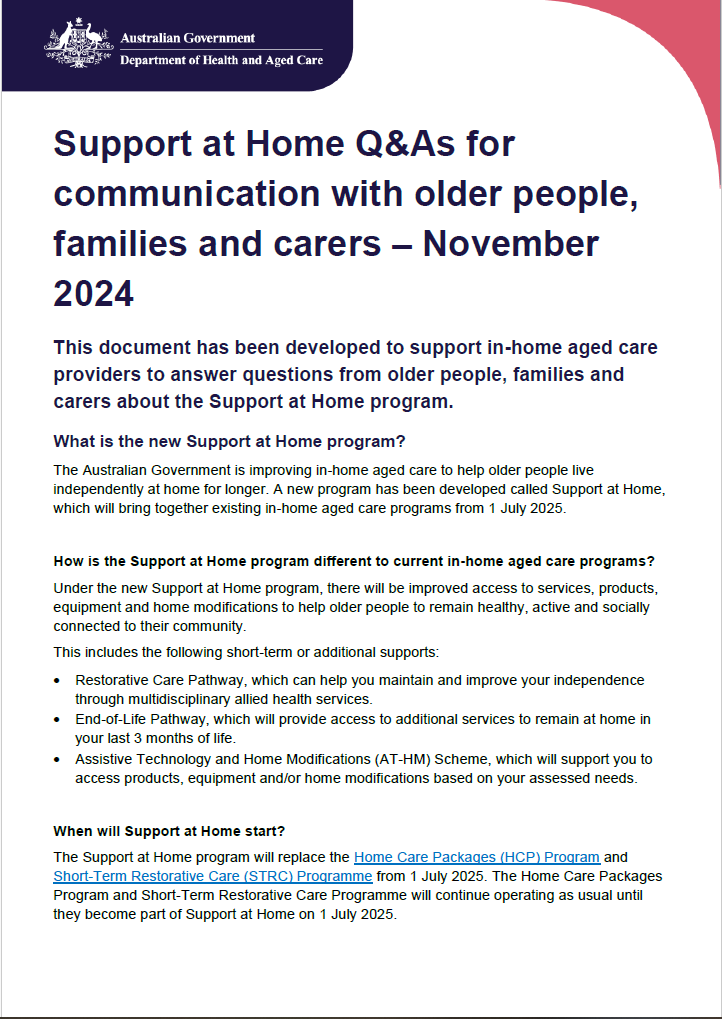 Support at Home program – Q&As for communication with older people, families and carers – November 2024