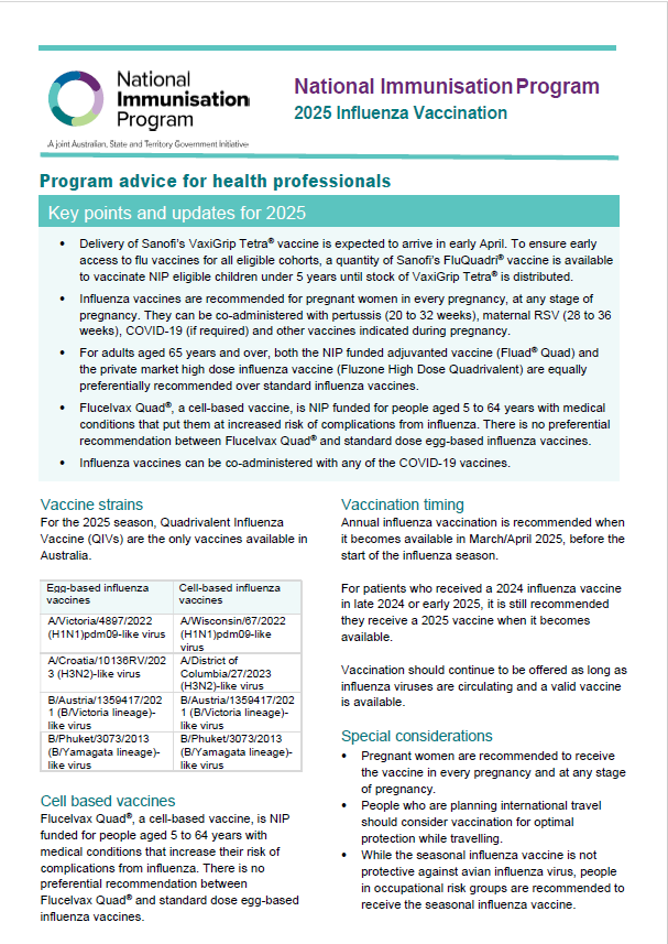 2025 influenza vaccination – Program advice for health professionals