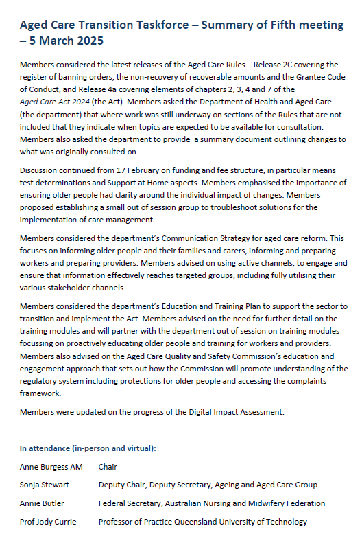 Aged Care Transition Taskforce – Summary of fifth meeting – 5 March 2025