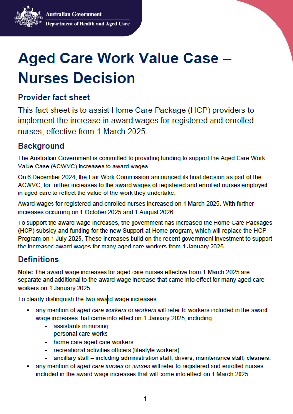 Aged Care Work Value Case – Nurses Decision provider fact sheet