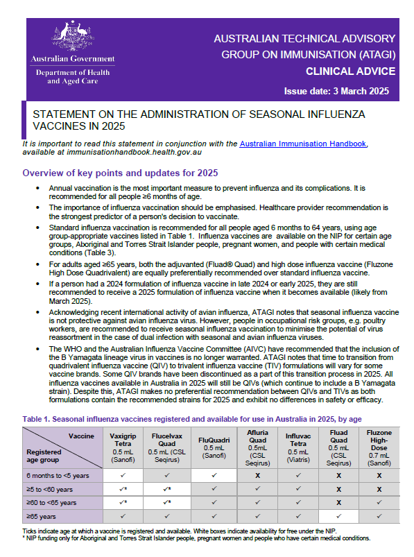 ATAGI statement on the administration of seasonal influenza vaccines in 2025