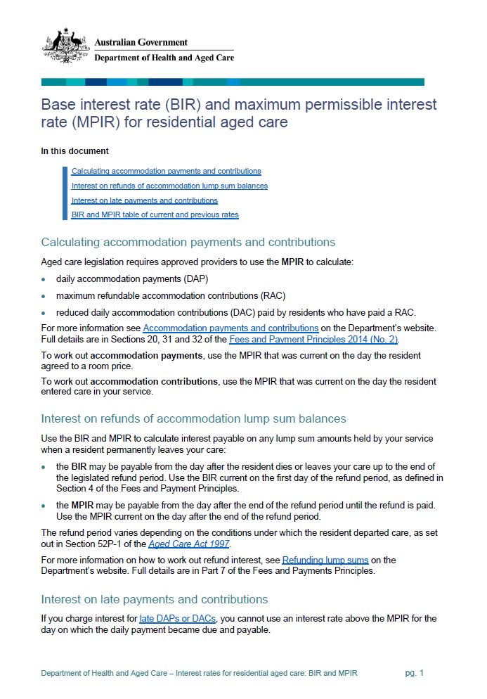 Base interest rate (BIR) and maximum permissible interest rate (MPIR) for residential aged care