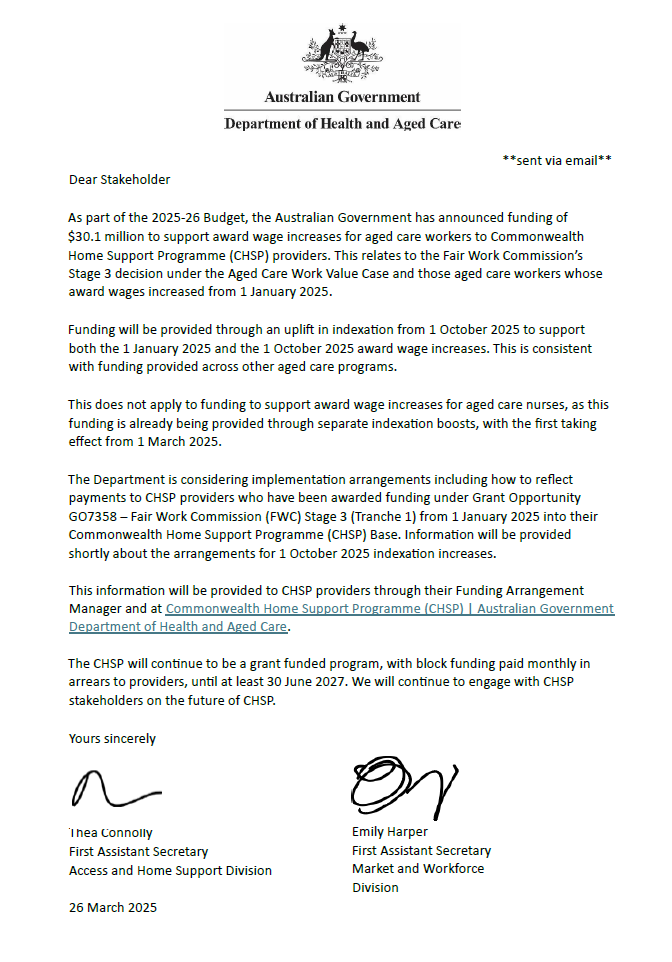 Document screenshot - CHSP post budget communication letter