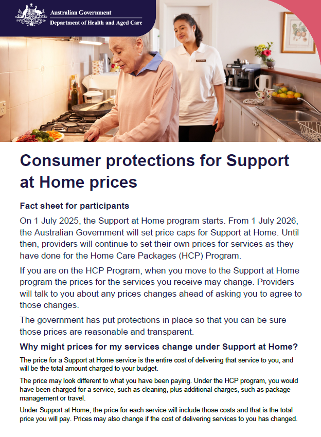 Consumer protections for Support at Home prices – fact sheet for participants