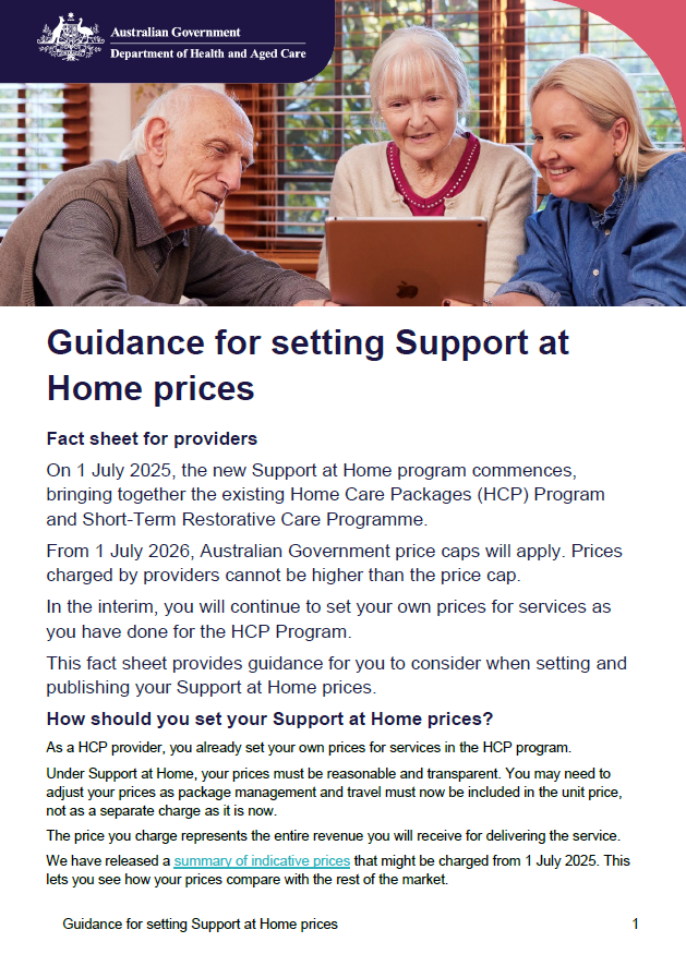 Guidance for setting Support at Home prices – fact sheet for providers