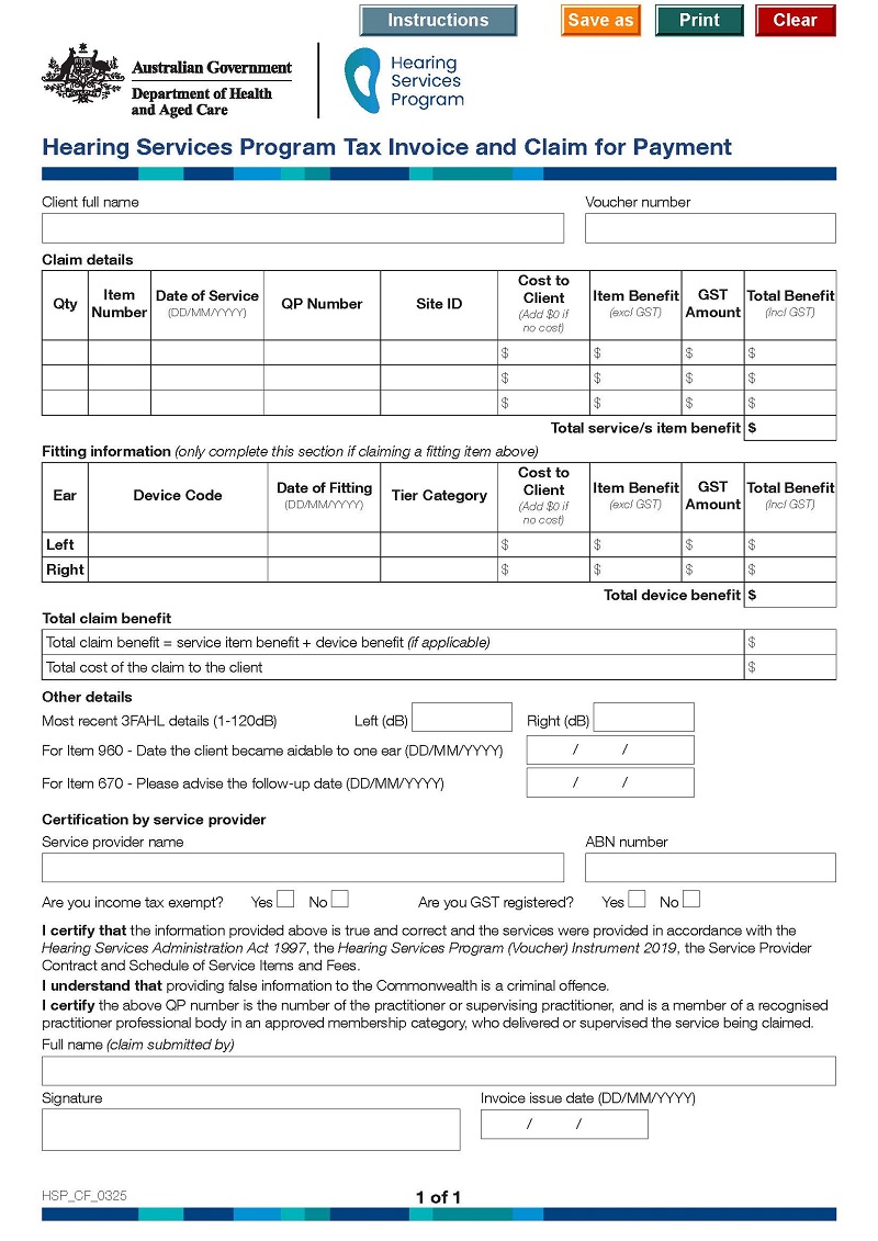 Hearing Services Program Claim for Payment Form (March 2025)