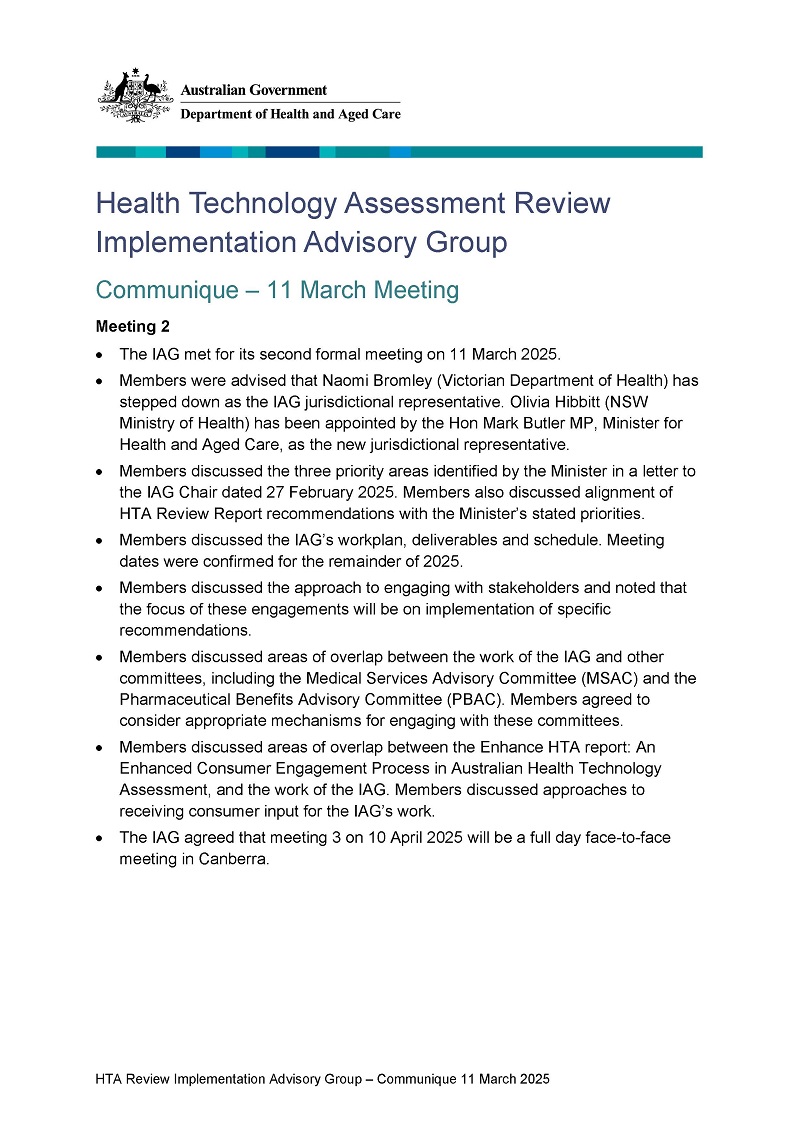 HTA Review Implementation Advisory Group communique – 11 March 2025