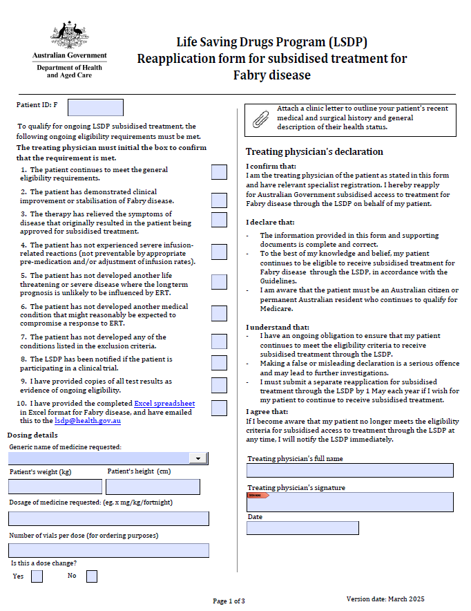 Life Saving Drugs Program – Fabry disease – Reapplication