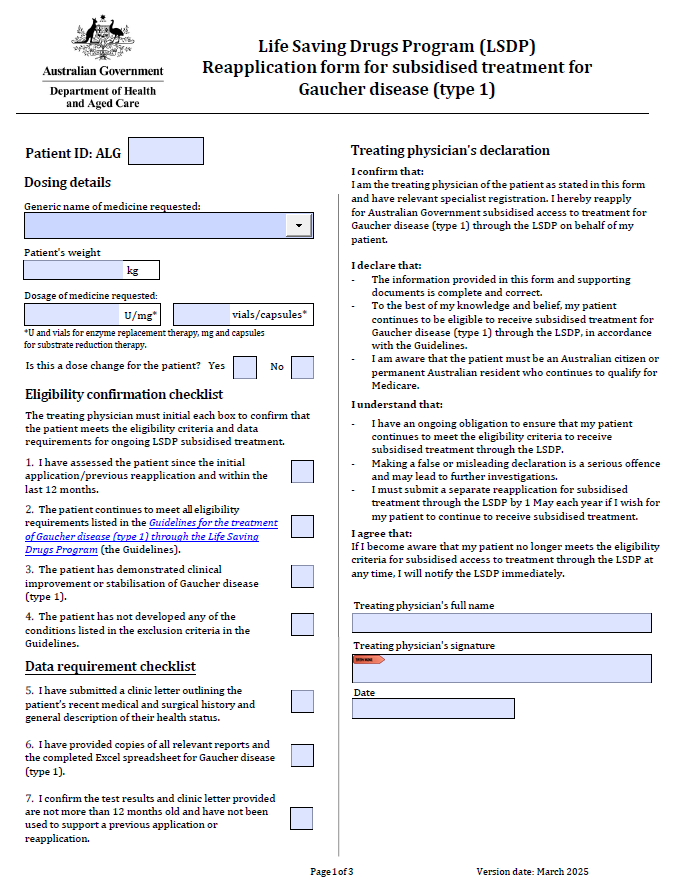 Life Saving Drugs Program – Gaucher disease (type 1) – Reapplication