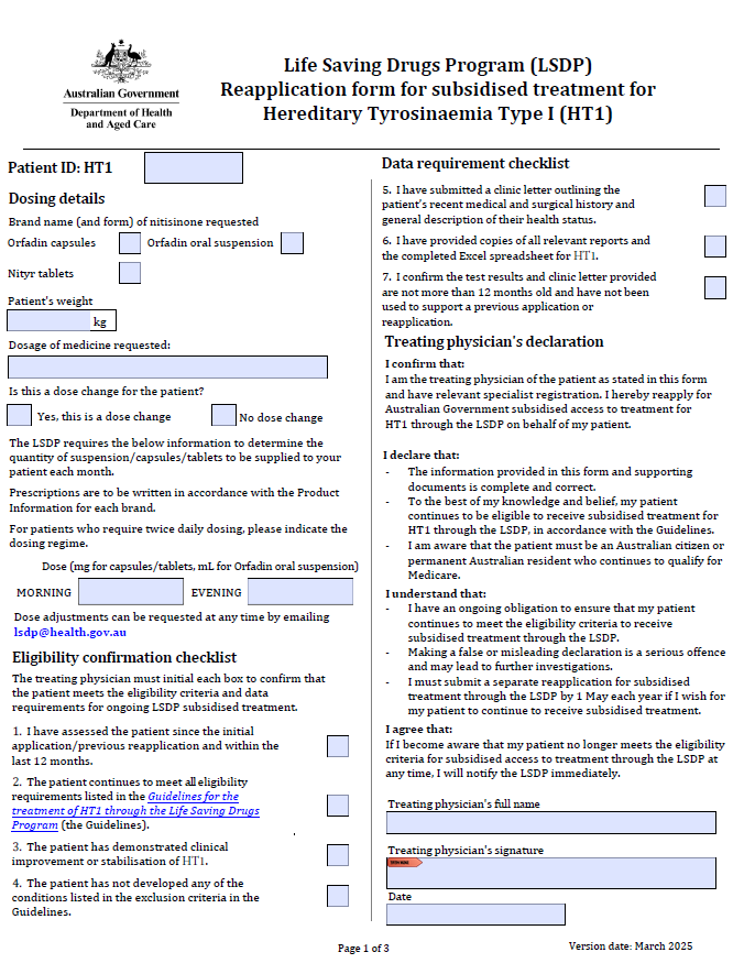 Life Saving Drugs Program – Hereditary tyrosinaemia (type 1) – Reapplication