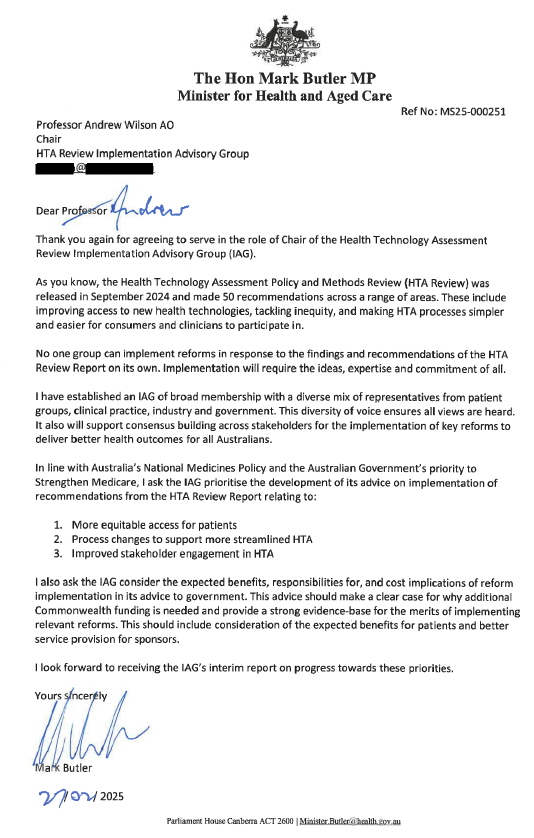 Cover page_Minister for Health & Aged Care letter to Professor Andrew Wilson AO, IAG Chair