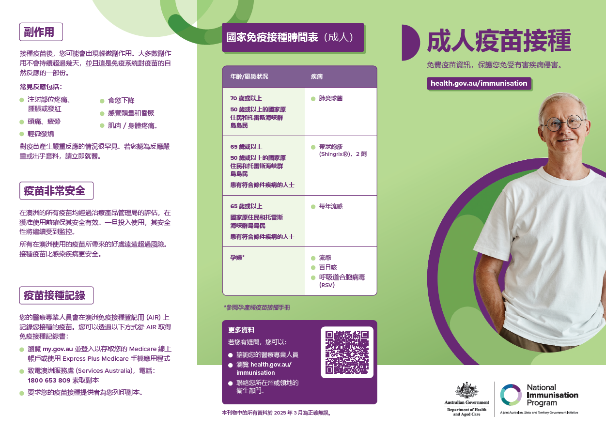 Adult vaccinations consumer brochure (Chinese, Traditional)
