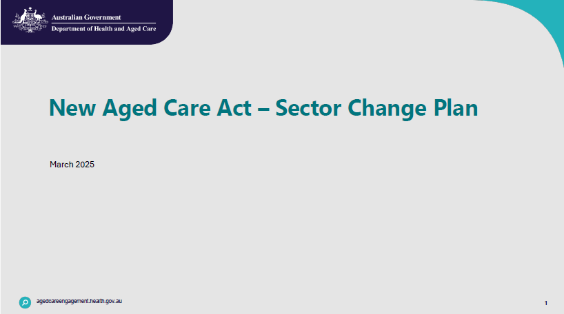 Cover page for the New Aged Care Act – Sector Change Plan (March 2025)