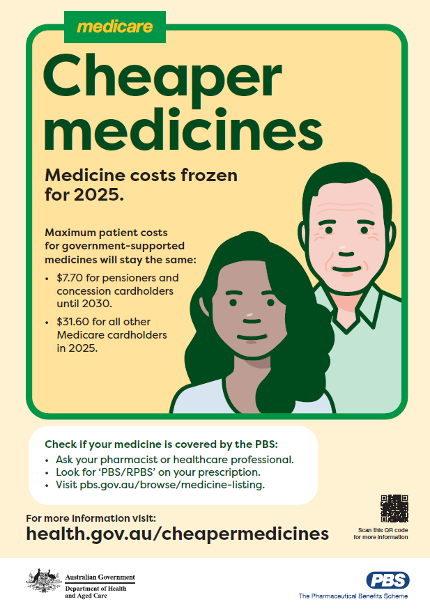 Medicine costs frozen for 2025 A3 poster