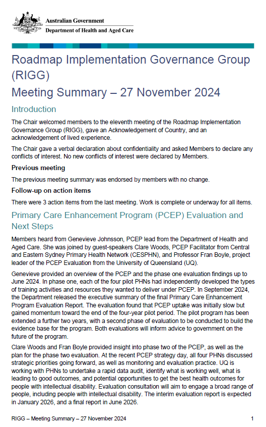 Roadmap Implementation Governance Group (RIGG) – Meeting Summary 27 November 2024 Cover page