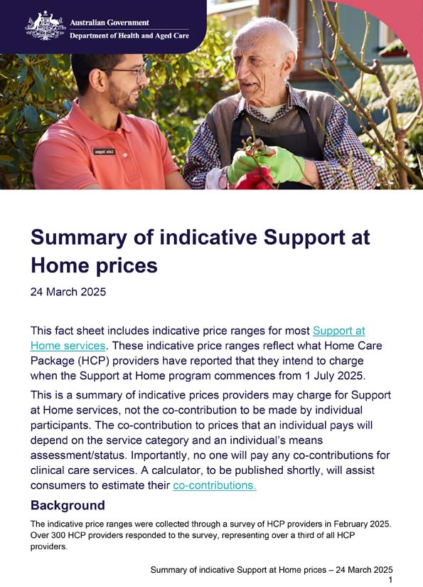 Summary of indicative Support at Home prices