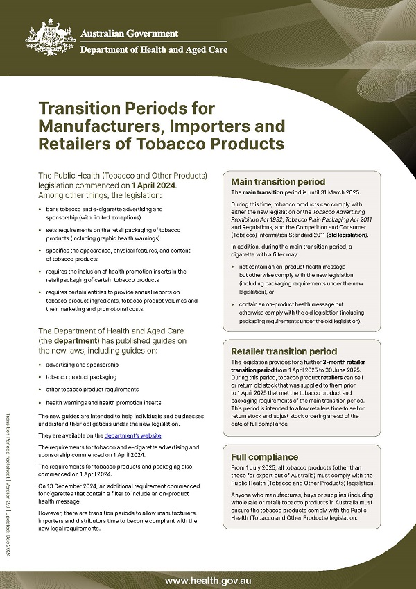 Transition periods for manufacturers, importers, and retailers of tobacco products