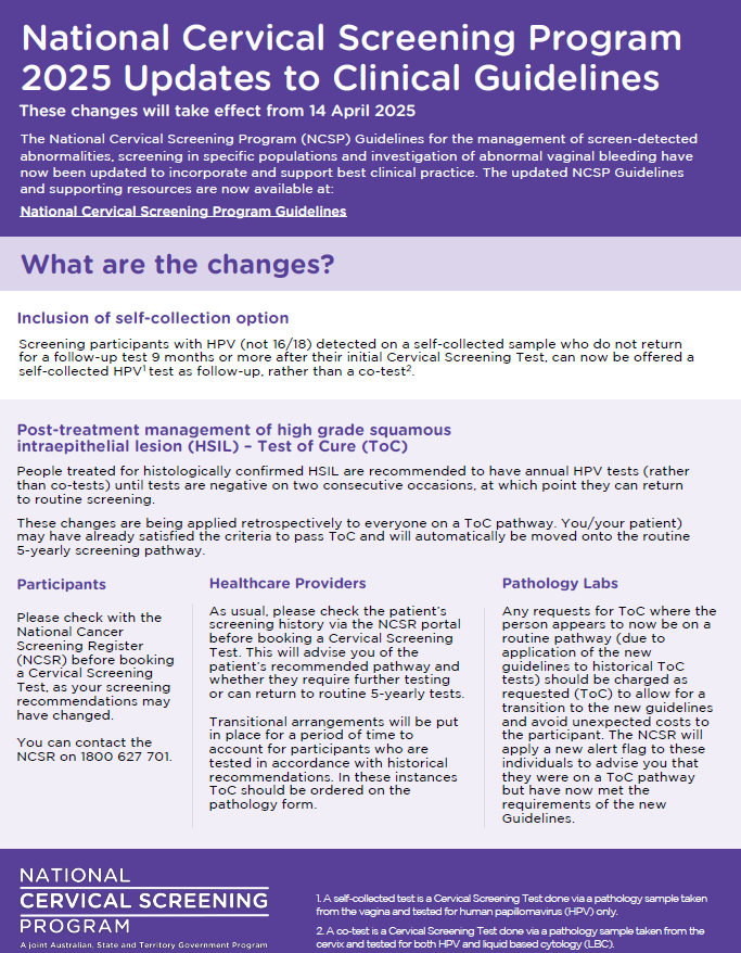 Update to National Cervical Screening Program Guidelines fact sheet