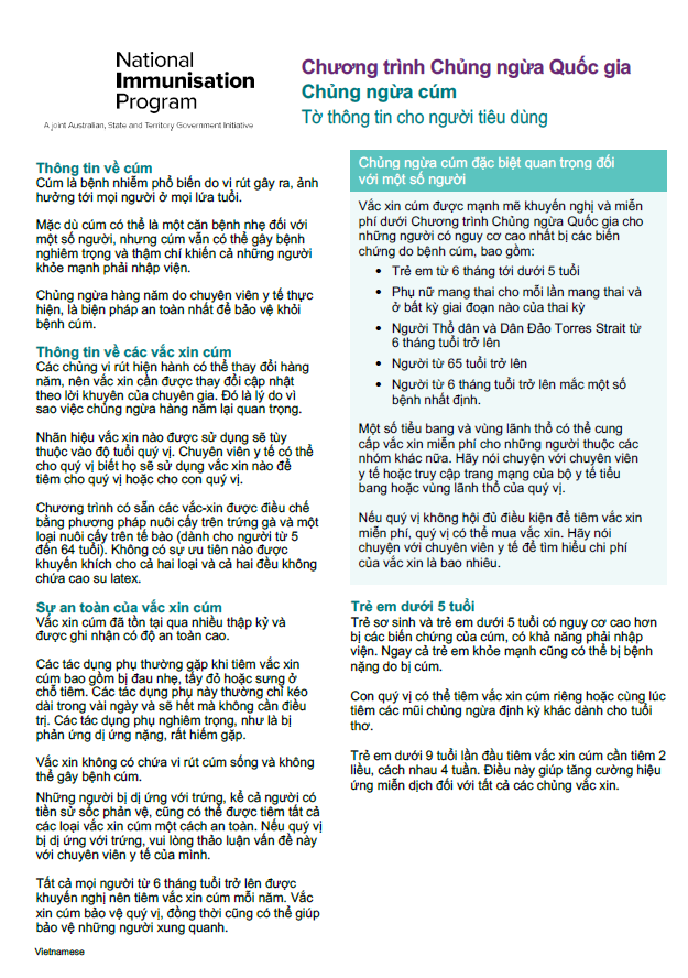 Vietnamese cover page_2025 influenza (flu) vaccination – Consumer fact sheet.