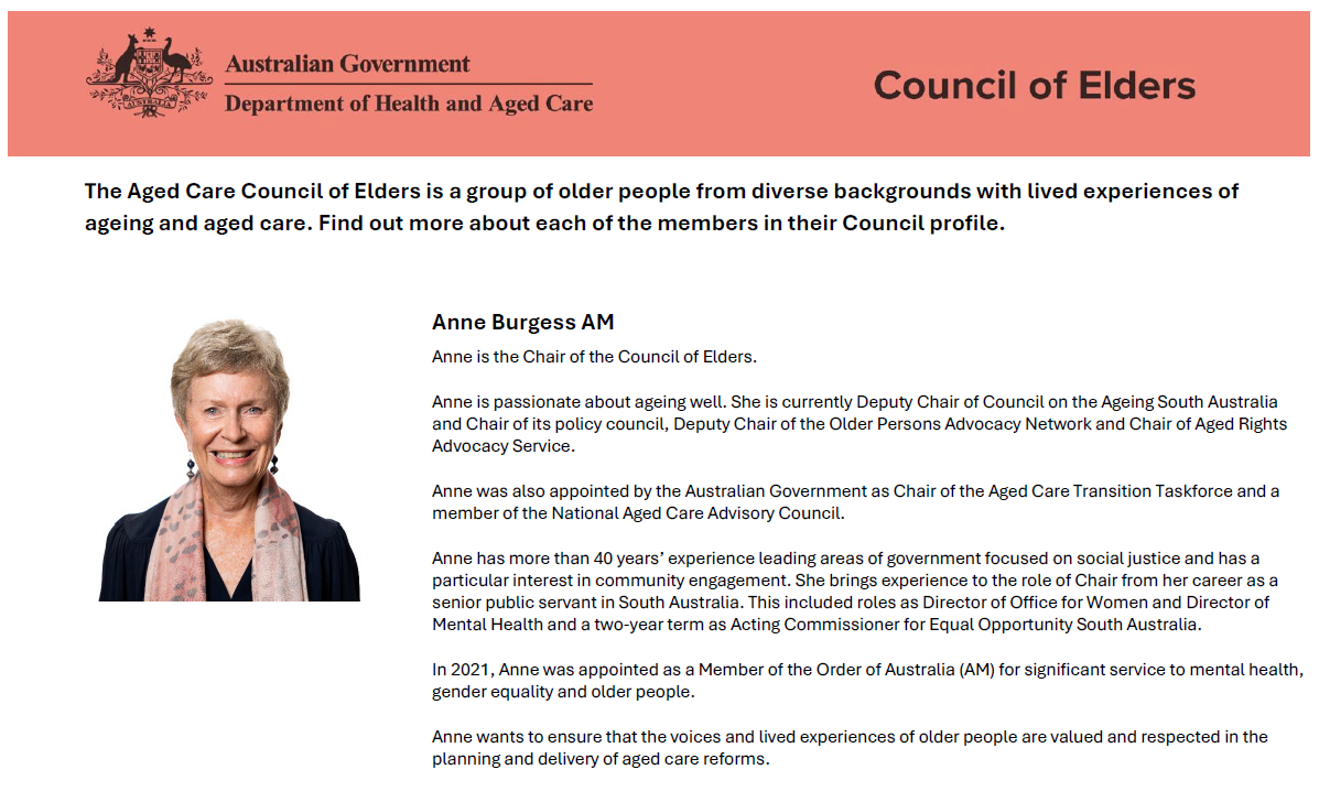 Aged Care Council of Elders – Council member profiles (update April 2025)