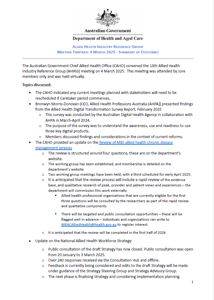 Allied Health Industry Reference Group – Summary of outcomes – 4 March 2025