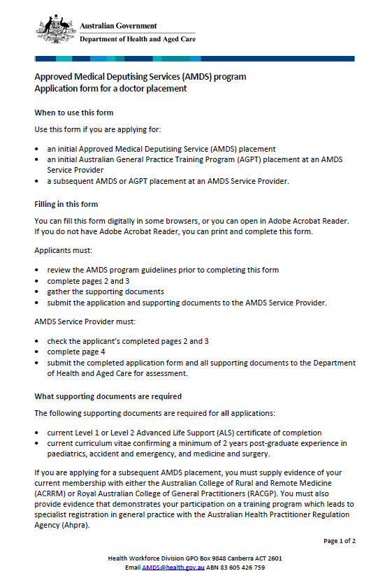 Application form for a doctor placement form