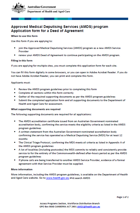 Approved Medical Deputising Services (AMDS) program Application form for a Deed of Agreement