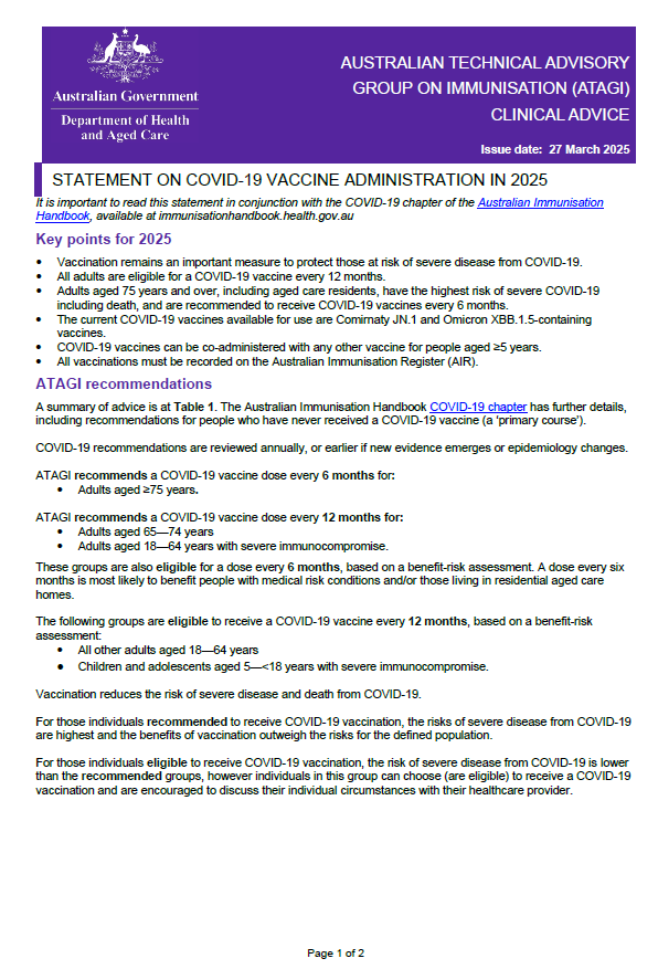 ATAGI statement on the administration of COVID-19 vaccines in 2025