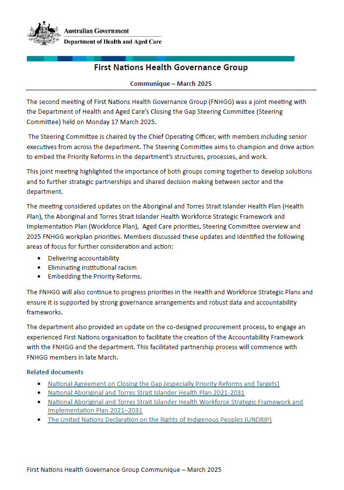 First Nations Health Governance Group (FNHGG) communique – April 2025