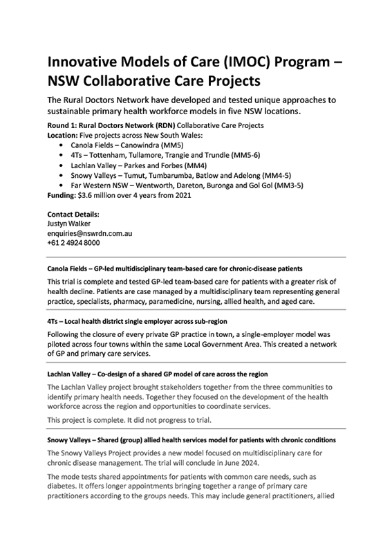 Innovative Models of Care (IMOC) Program – NSW Collaborative Care Projects