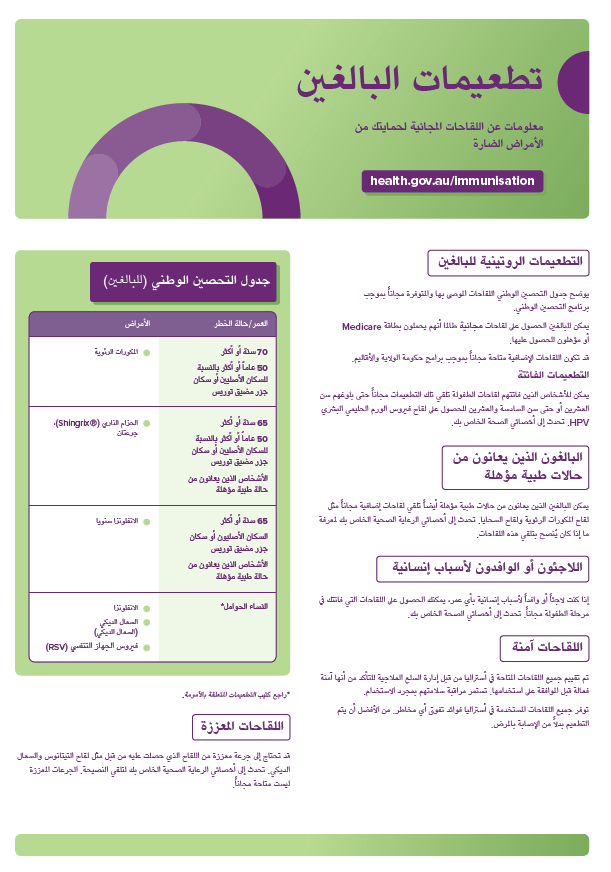 Adult vaccinations consumer fact sheet in Arabic