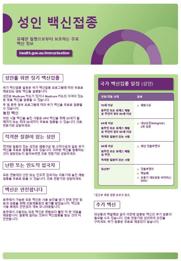 Adult vaccinations consumer fact sheet in Korean