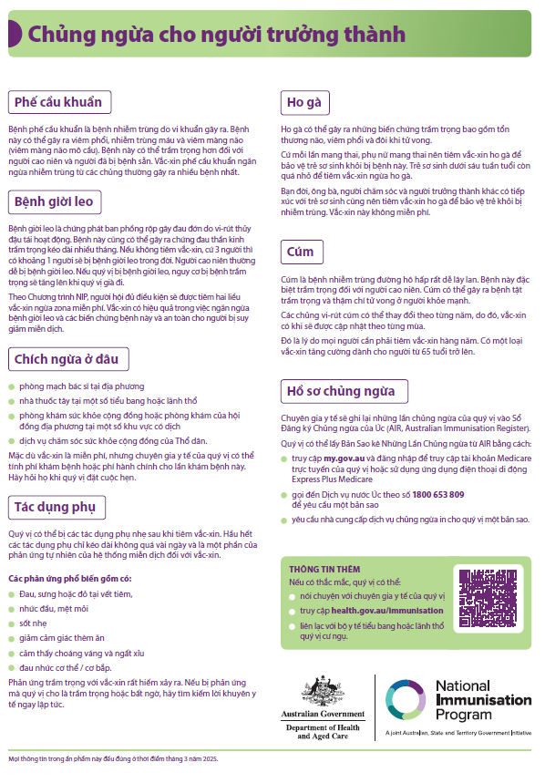 Adult vaccinations consumer fact sheet in Vienamese