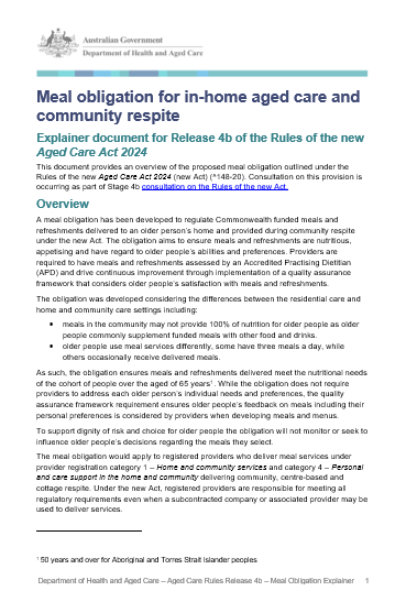Meal obligation for in-home aged care and community respite