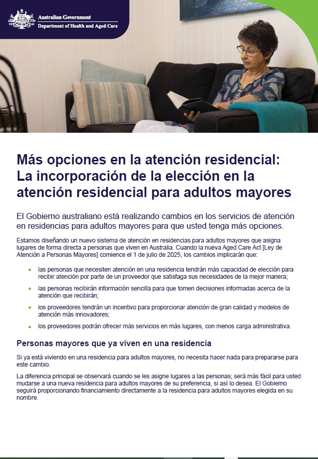 Spanish cover_Places to people – Embedding choice in residential aged care
