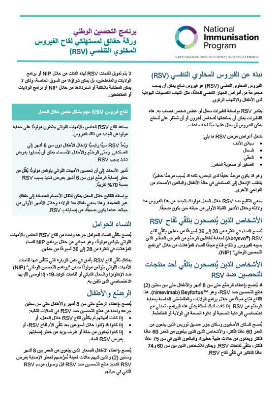 تقدم هذه الورقة معلومات للمستهلكين حول لقاح RSV للحوامل ومنتجات تحصين الرضّع ضد RSV. 