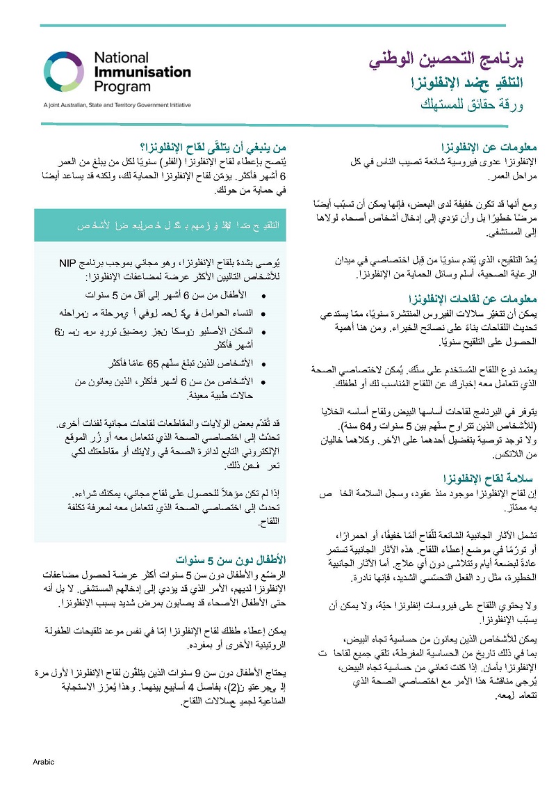 Cover page 2025 influenza (flu) vaccination – Consumer fact sheet_Arabic