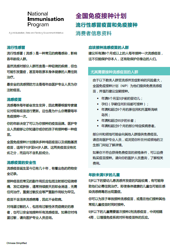 Chinese_Simplified cover for 2025 Influenza consumer fact sheet