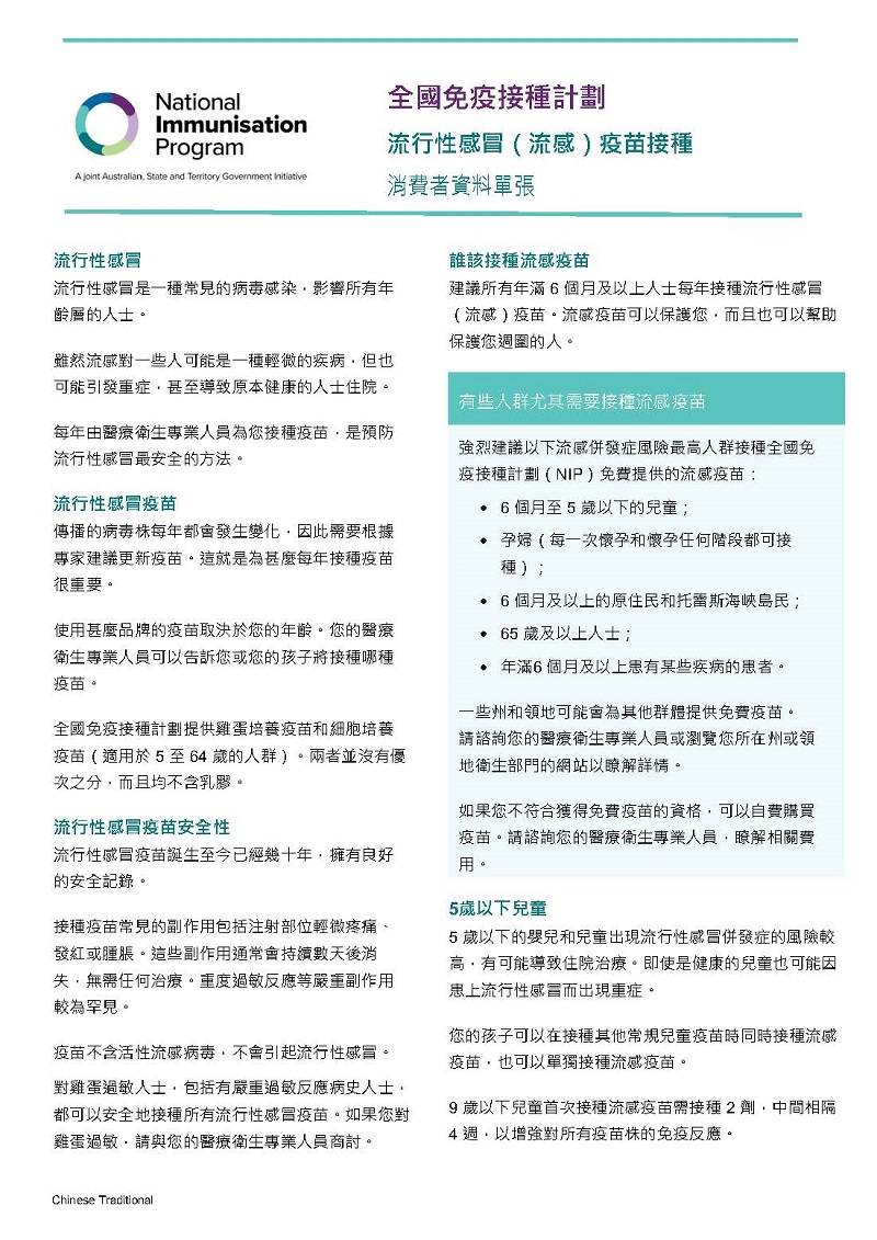 2025 influenza (flu) vaccination – Consumer fact sheet_Chinese Traditional